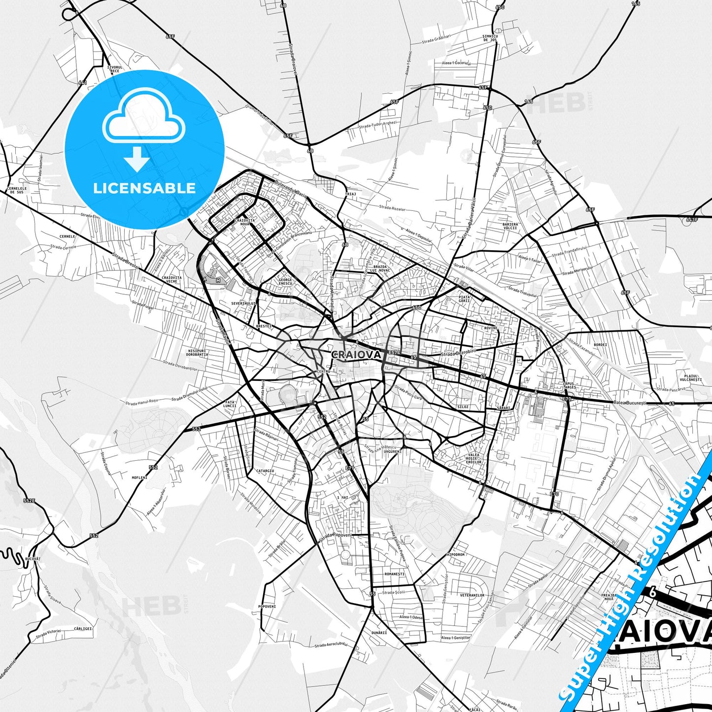 Craiova, Romania Light Map with Street Names, City Names, and Districts
