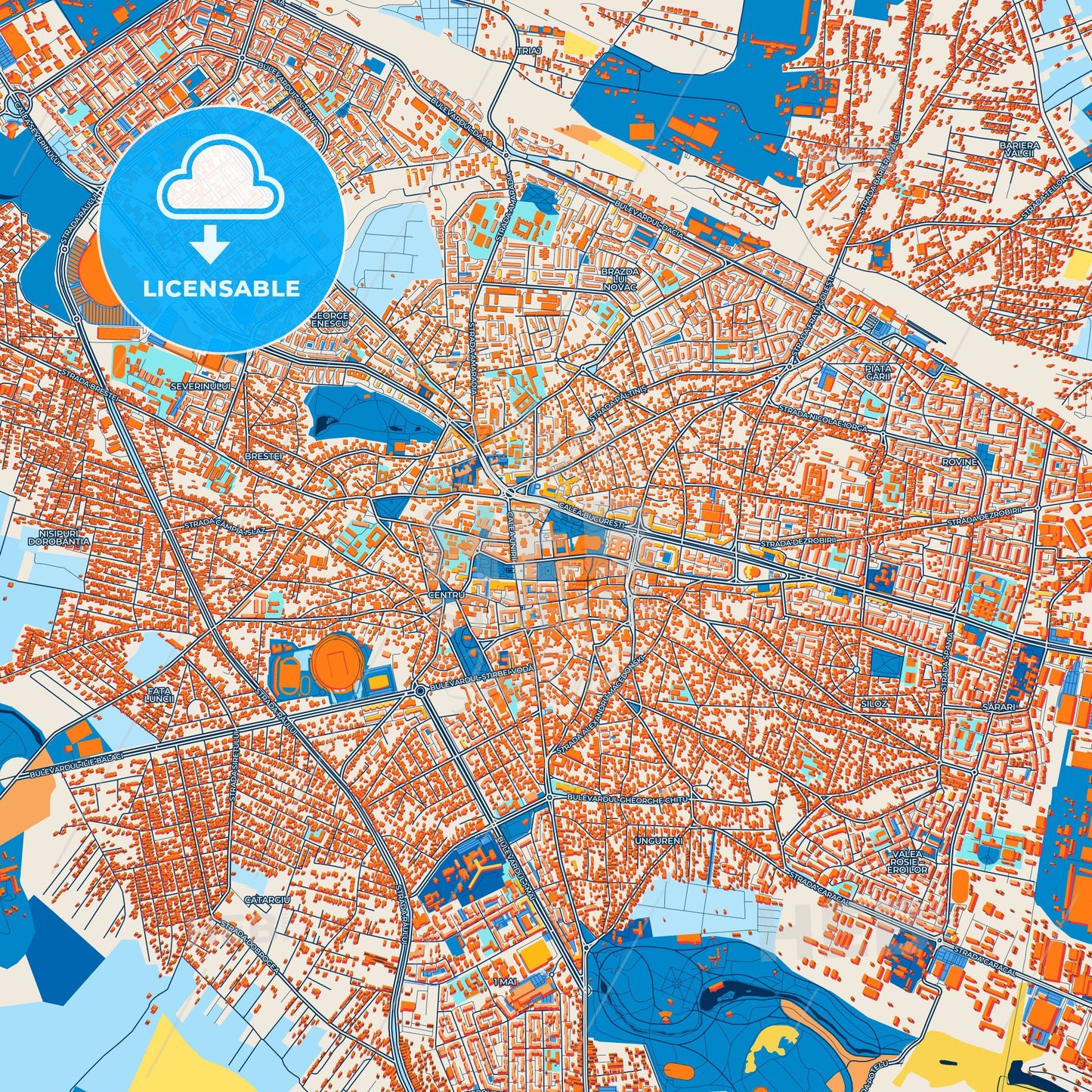 Colorful Craiova Street Map with Labels and Buildings