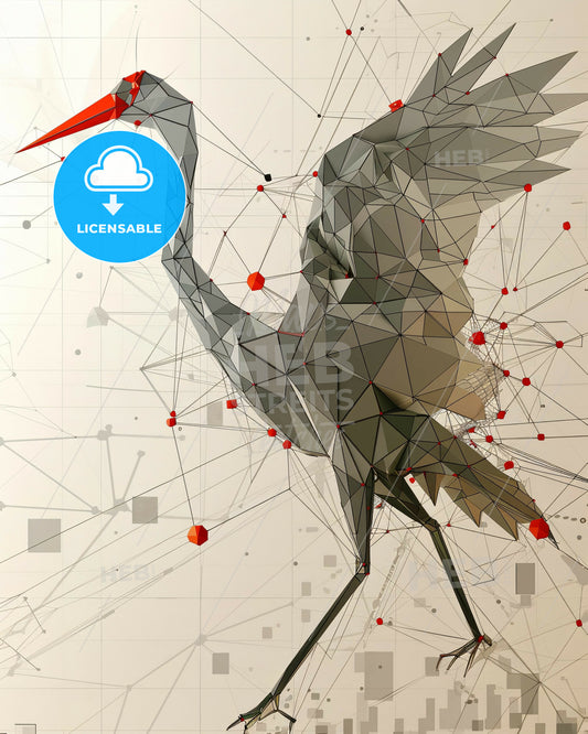 Beige Canvas Ascent: Origami Crane Flight - A low poly bird with red and black dots