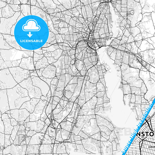 Cranston, Rhode Island light map with streetnames, citynames and districts