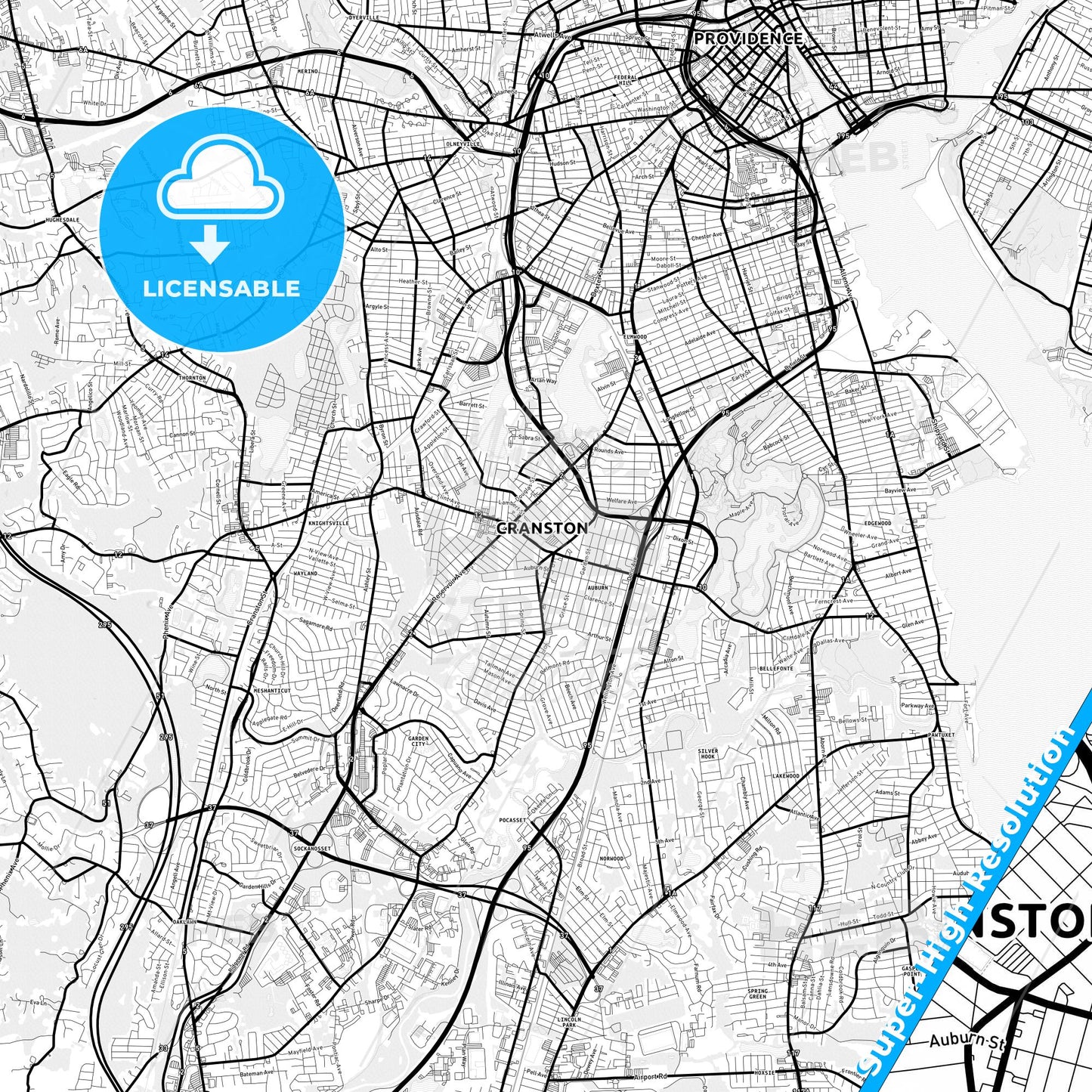 Cranston, Rhode Island Light Map with Street Names, City Names, and Districts
