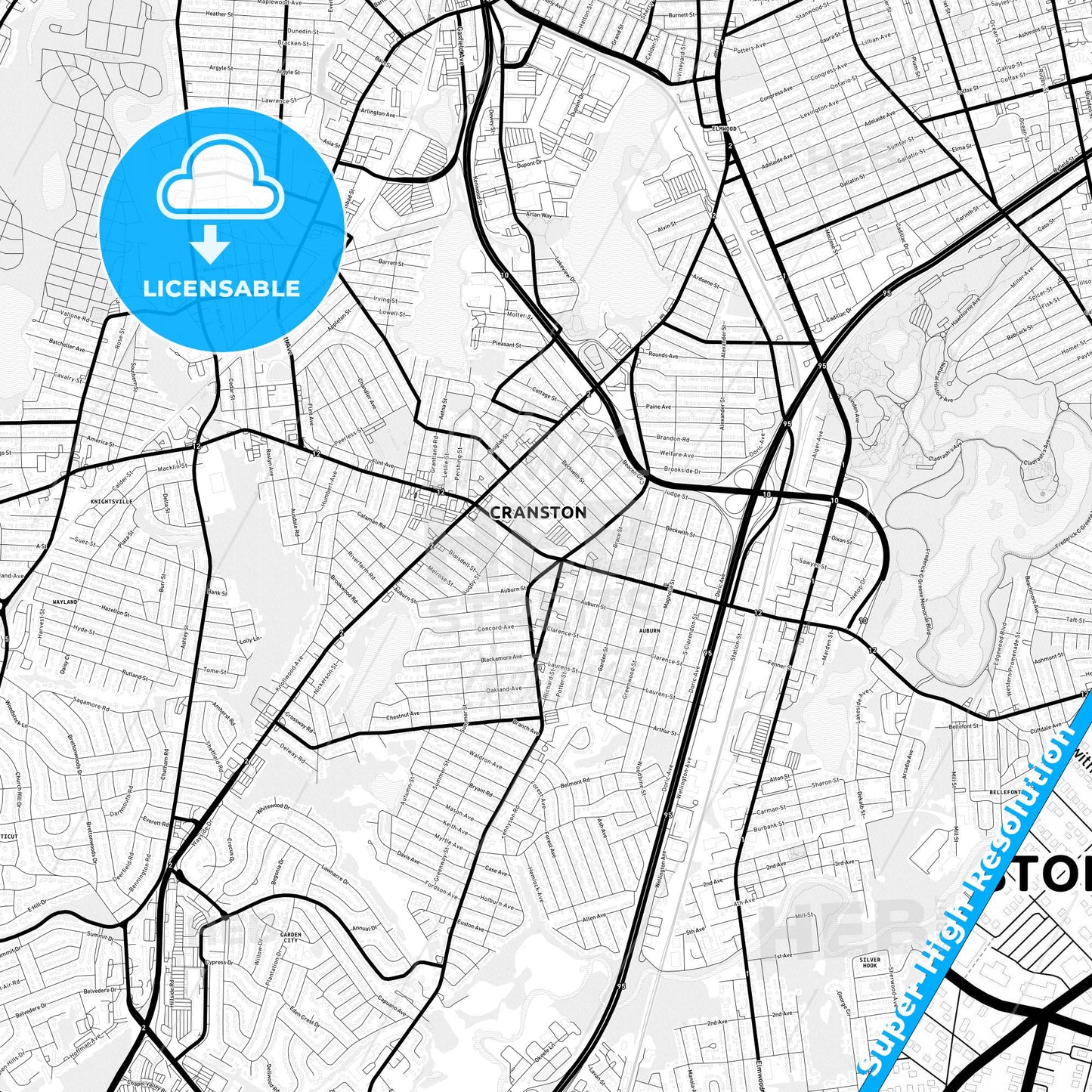 Cranston, Rhode Island Light Map with Street Names, City Names, and Districts