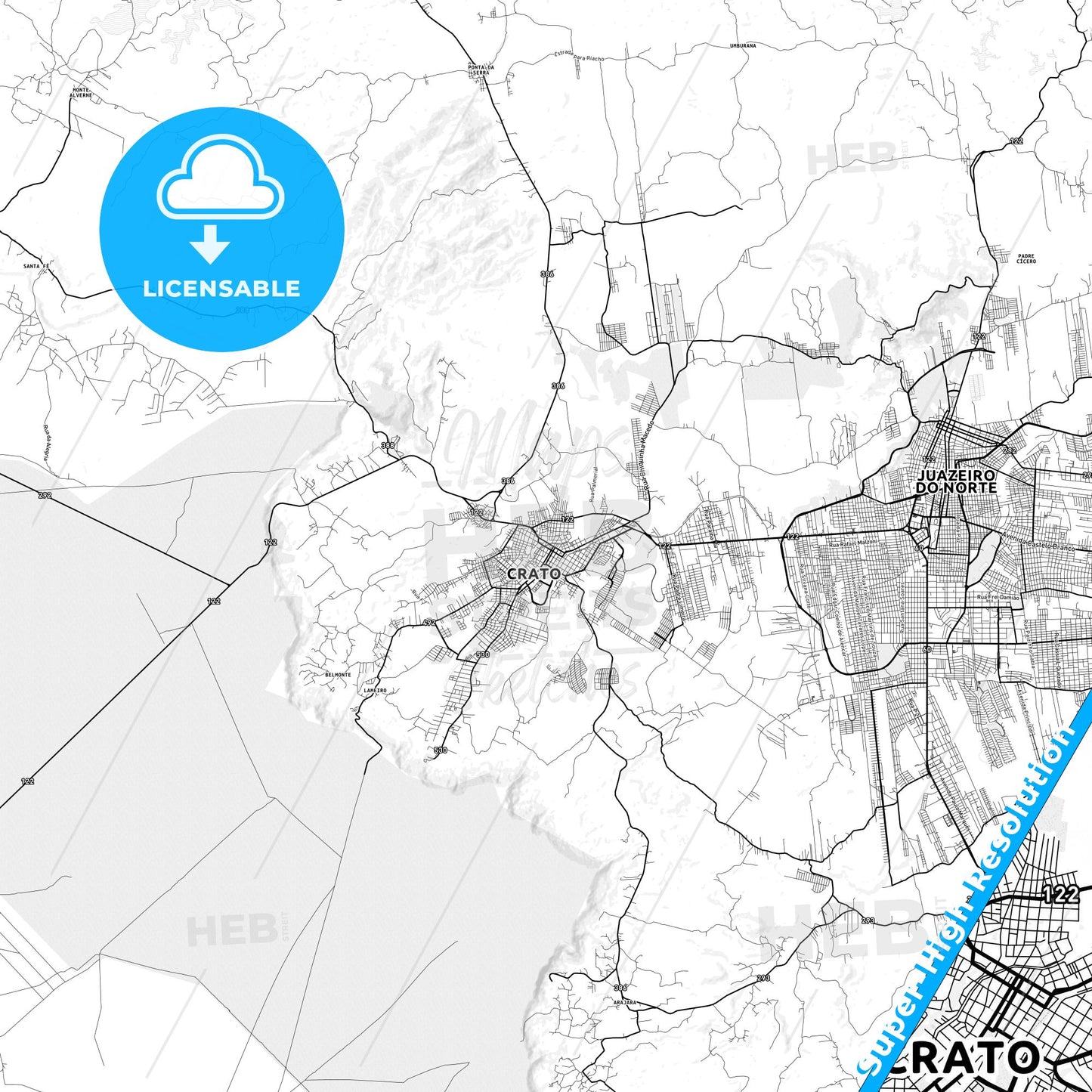 Crato, Brazil light map with streetnames, citynames and districts
