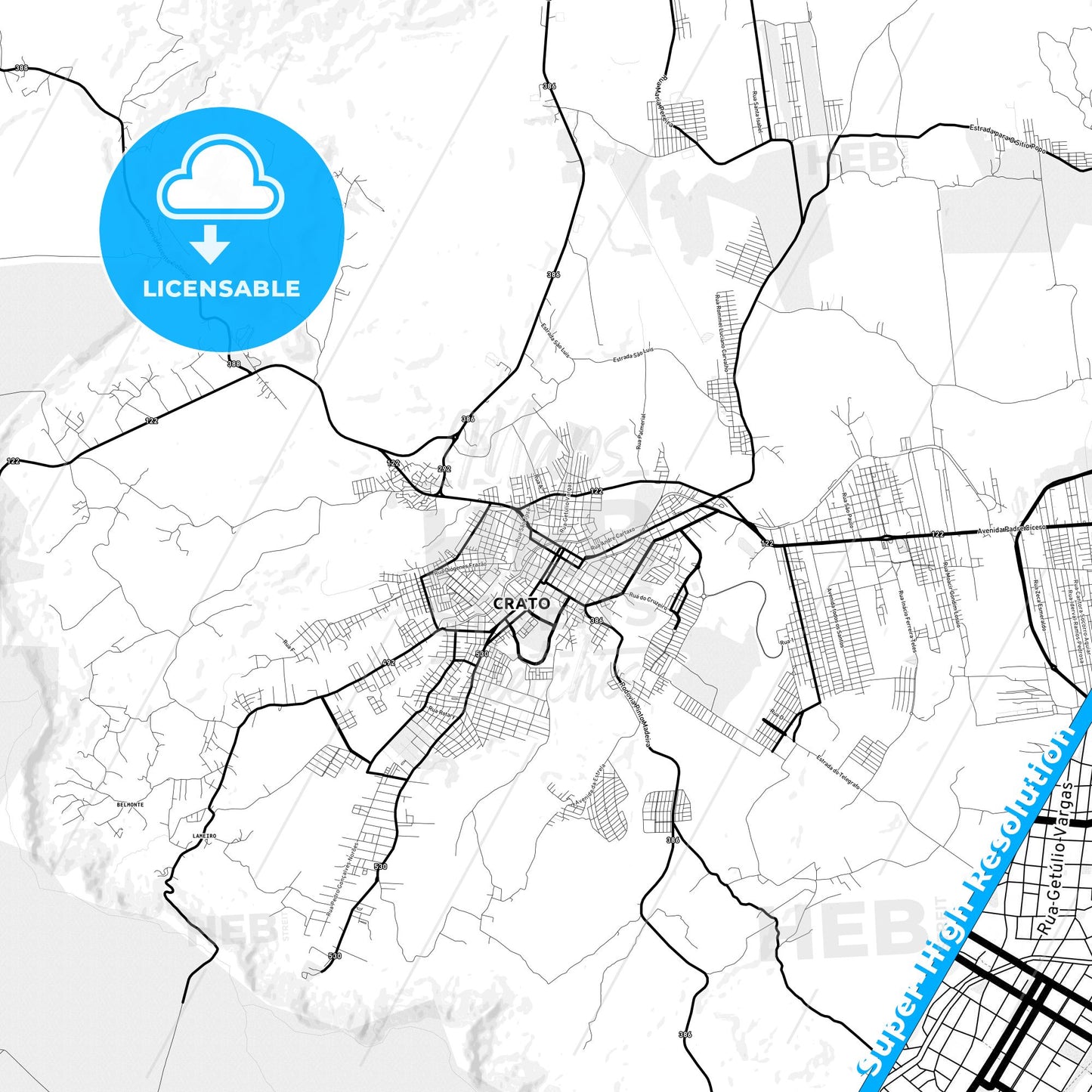Crato, Brazil Light Map with Street Names, City Names, and Districts