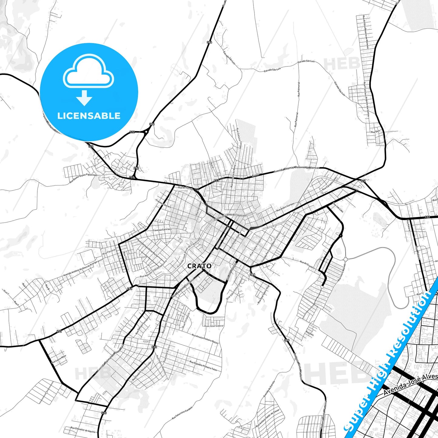 Crato, Brazil Light Map with Street Names, City Names, and Districts