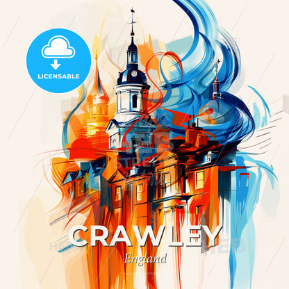 Vibrant Crawley, England - A Painting Of A Building With A Spire - Square format print template