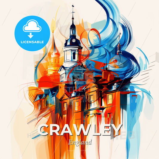 Vibrant Crawley, England - A Painting Of A Building With A Spire - Square format print template