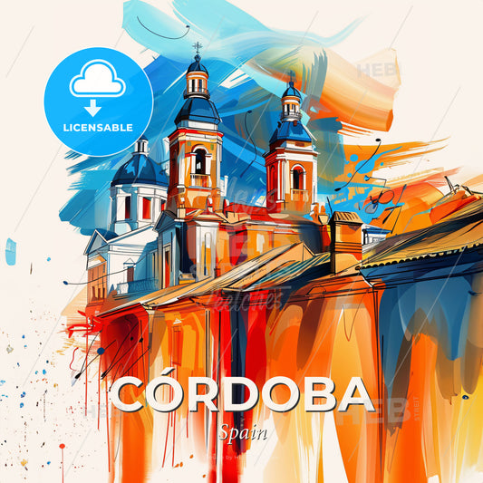 Vibrant Córdoba, Spain - A Painting Of A Building With A Colorful Background - Square format print template