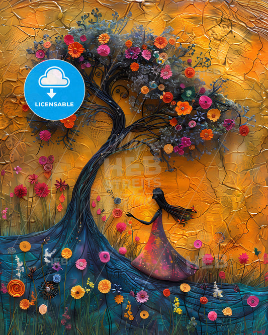 Colorful Bangladeshi Boho Art: Vibrant Tree and Flowers Woman Walking Painting