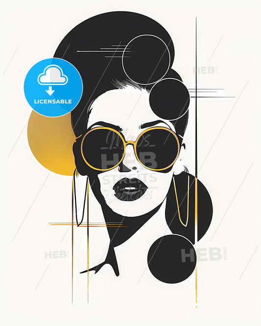 Minimalist Painting with Yellow Circle and Female with Single-Lens Sunglasses Emphasizing Art
