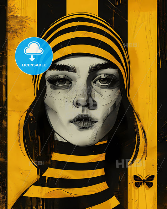 Striking Art Poster: Vibrant Yellow and Black Painting Featuring a Striped Hatted Woman