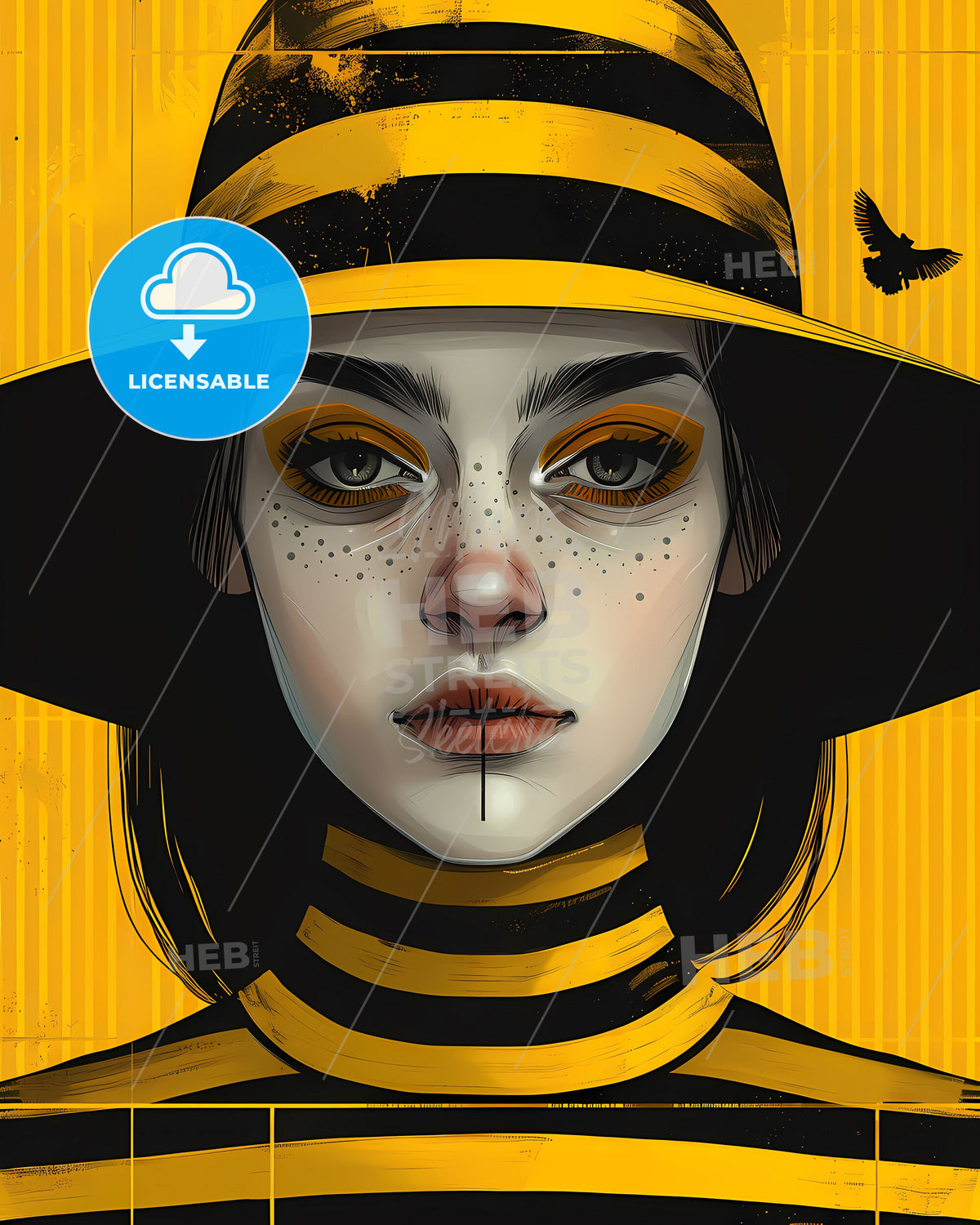 Striking Yellow-and-Black Art Poster Featuring Woman in Hat