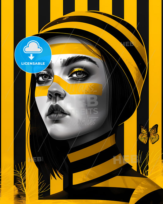 Striking Yellow and Black Art Poster Featuring a Vibrant Painted Woman with Striped Accents