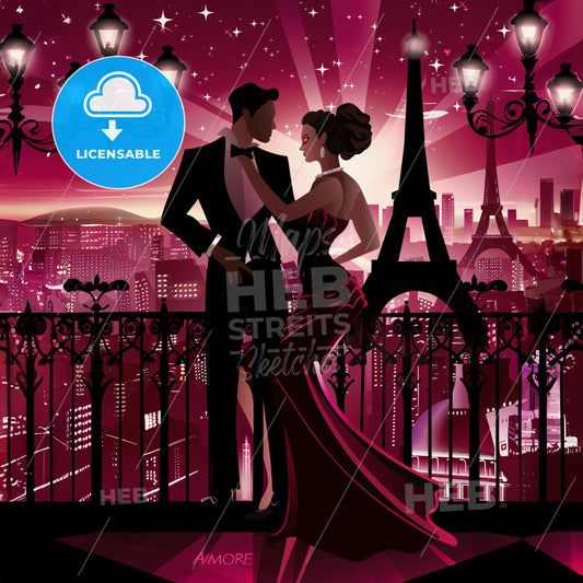 A Man And Woman In A Dress And Tuxedo Standing On A Balcony