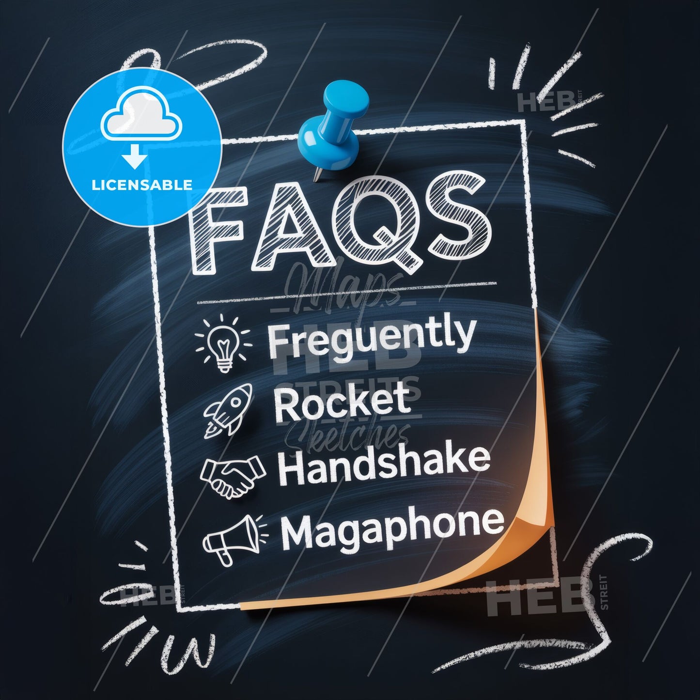 Creative FAQ Concept with Icons: Light Bulb, Rocket, Handshake, and Megaphone on Chalkboard Background.