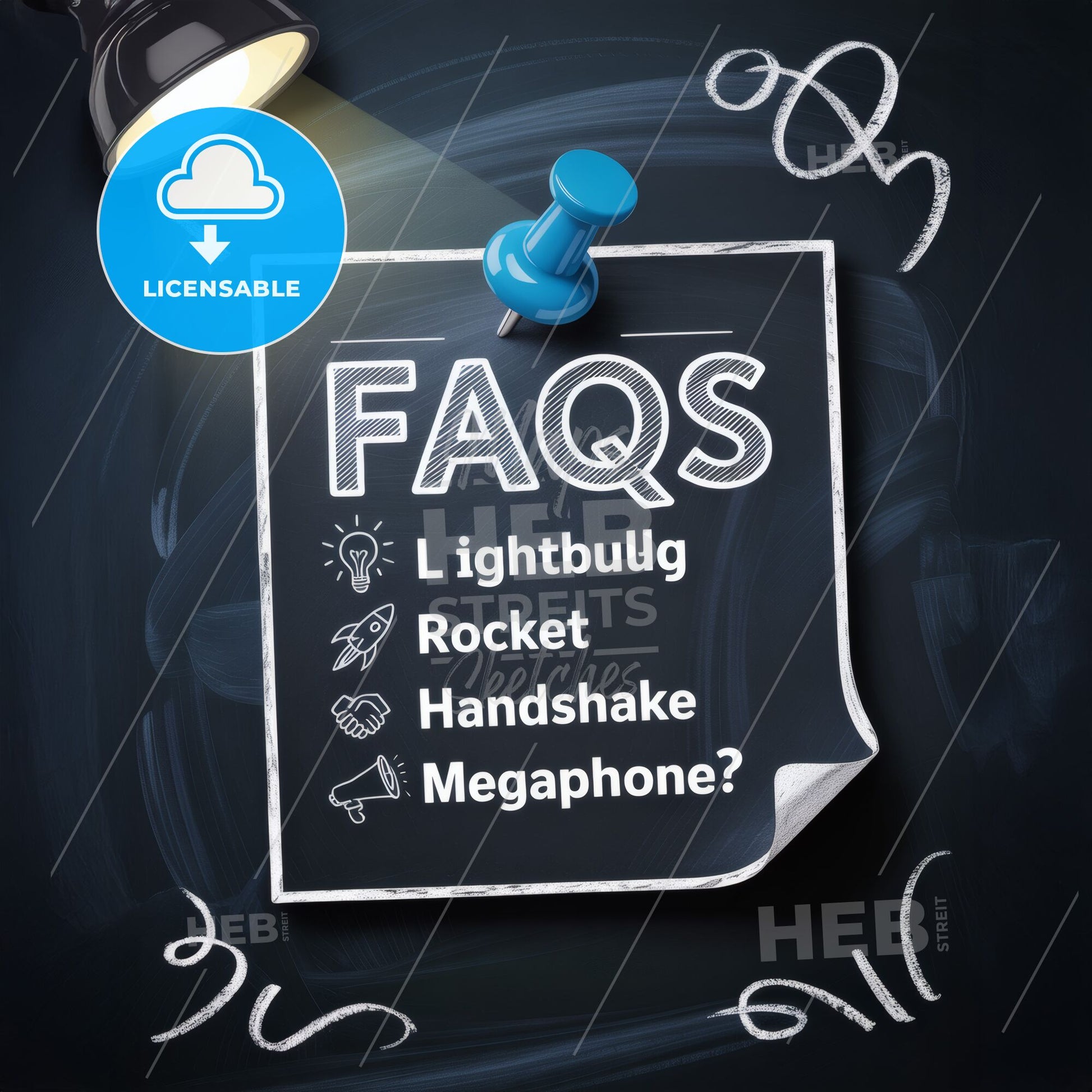 Creative FAQs Board with Lightbulb, Rocket, Handshake, and Megaphone Icons on Chalkboard Background.