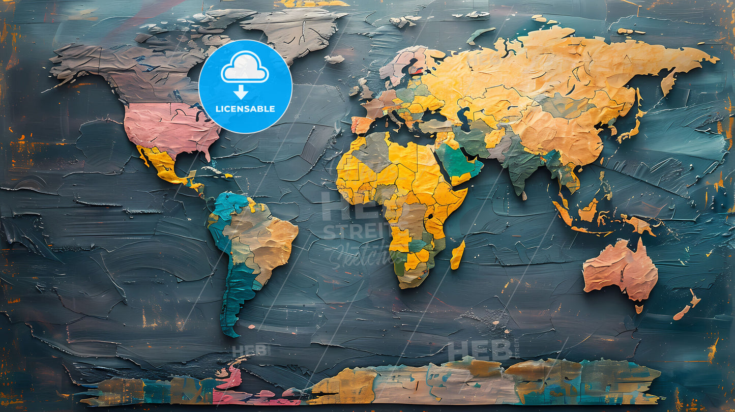 Artistic World Map Painting on Gray Background - Vibrant Art Print with Creative Detail