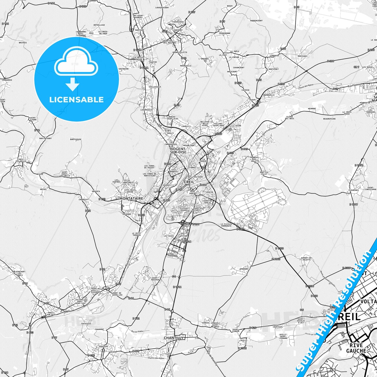 Creil, France light map with streetnames, citynames and districts