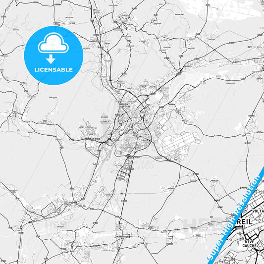 Creil, France light map with streetnames, citynames and districts
