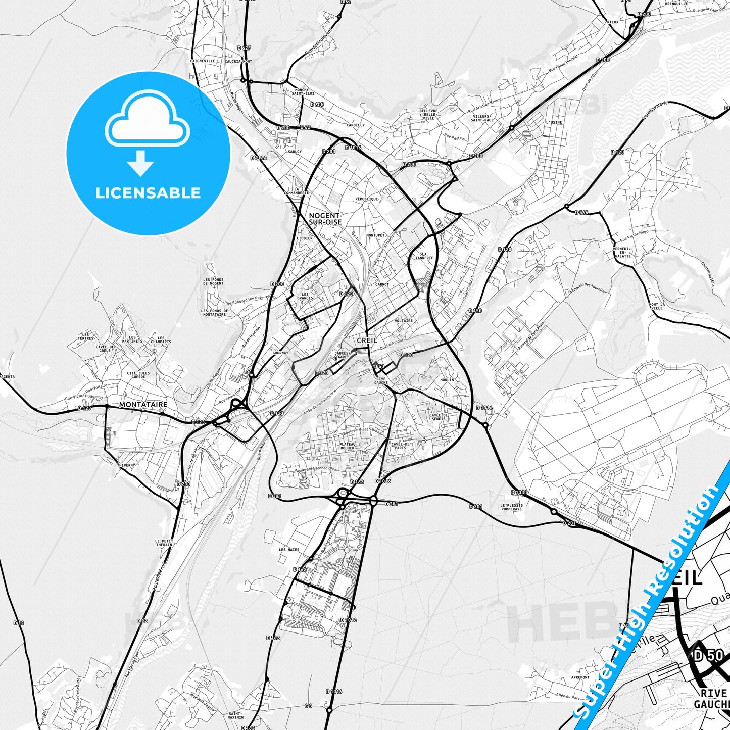 Creil, France Light Map with Street Names, City Names, and Districts