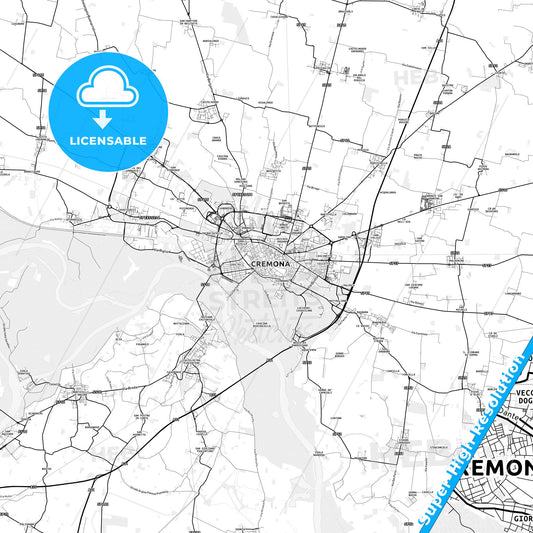 Cremona, Italy light map with streetnames, citynames and districts