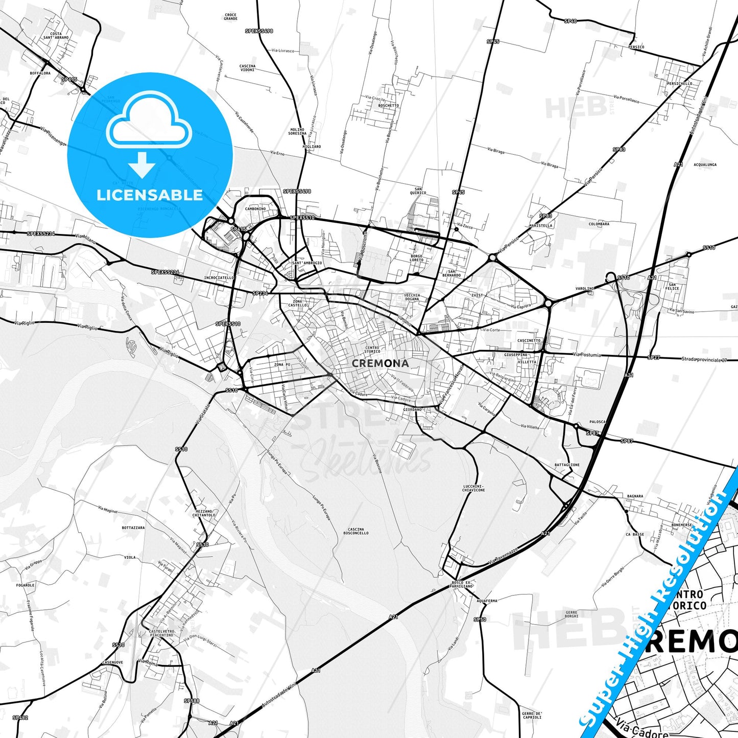 Cremona, Italy Light Map with Street Names, City Names, and Districts