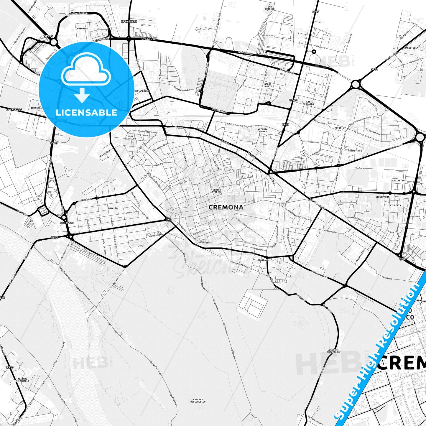 Cremona, Italy Light Map with Street Names, City Names, and Districts