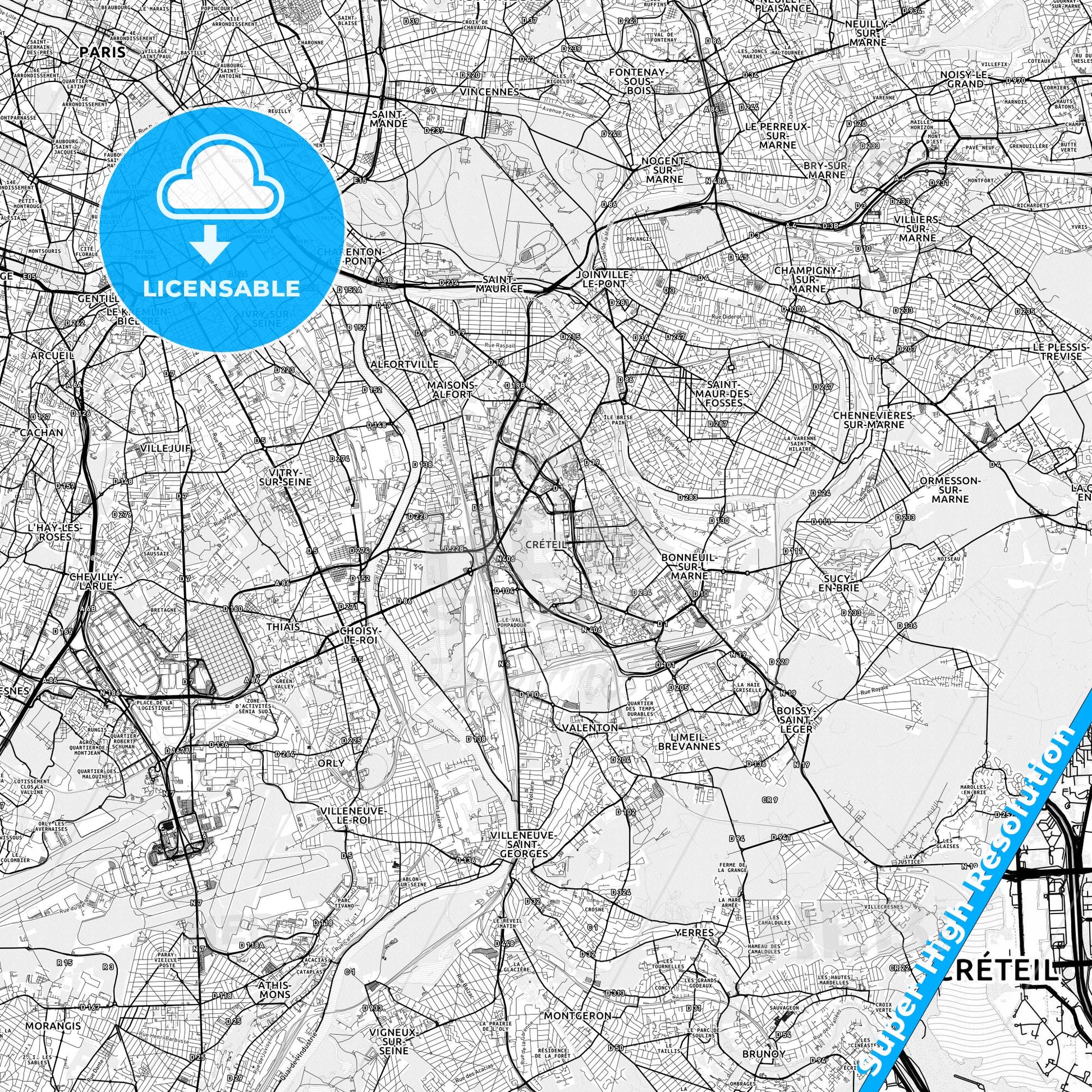 Créteil, France light map with streetnames, citynames and districts