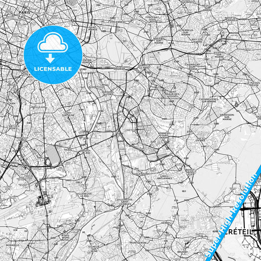 Créteil, France light map with streetnames, citynames and districts