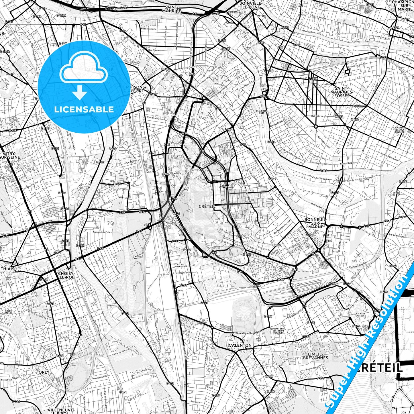 Créteil, France Light Map with Street Names, City Names, and Districts
