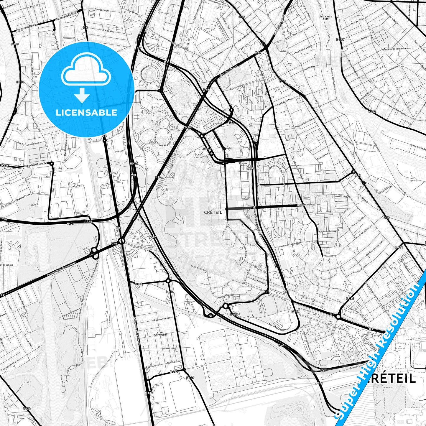 Créteil, France Light Map with Street Names, City Names, and Districts