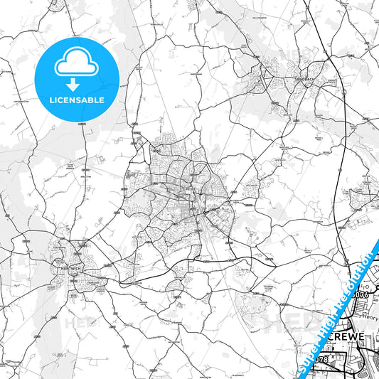 Crewe, England light map with streetnames, citynames and districts