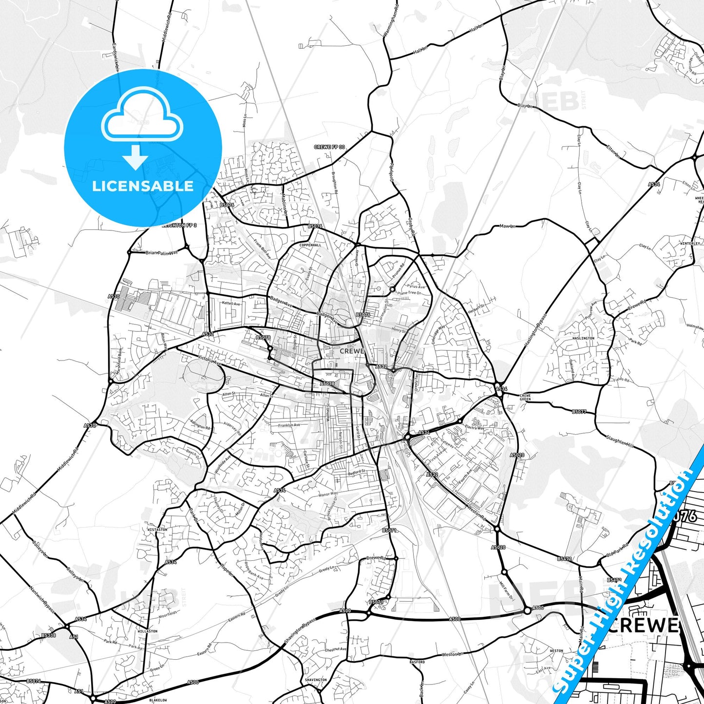 Crewe, England Light Map with Street Names, City Names, and Districts