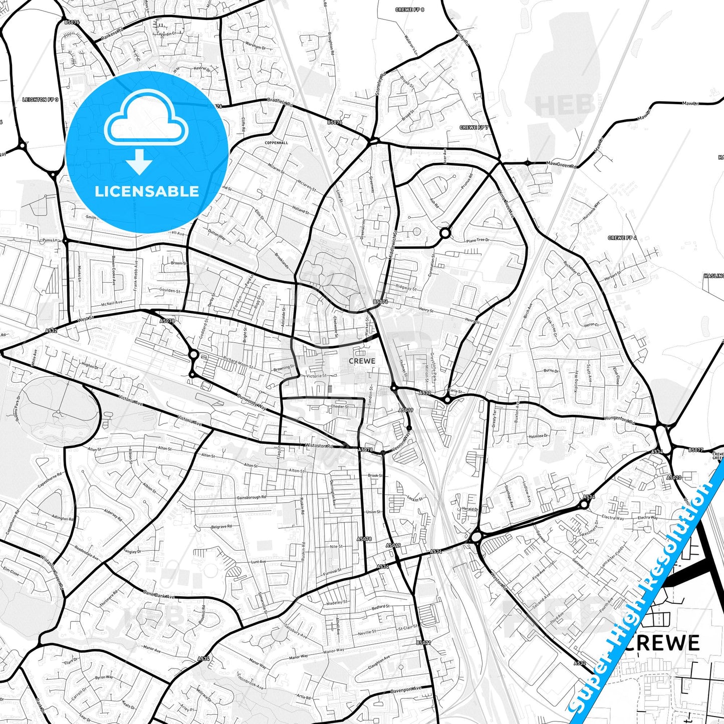 Crewe, England Light Map with Street Names, City Names, and Districts