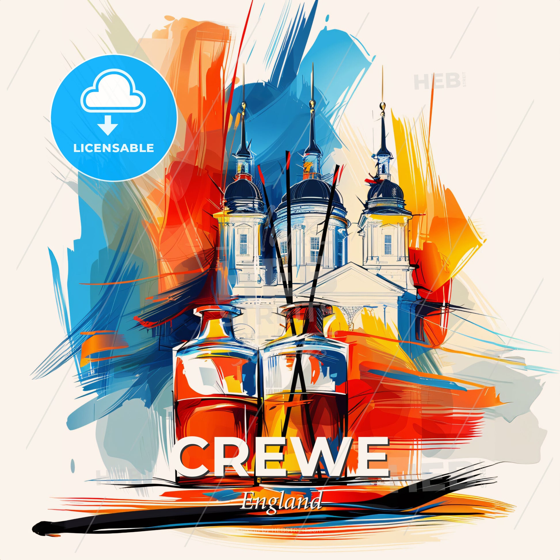 Vibrant Crewe, England - A Painting Of A Building With A Couple Of Bottles - Square format print template