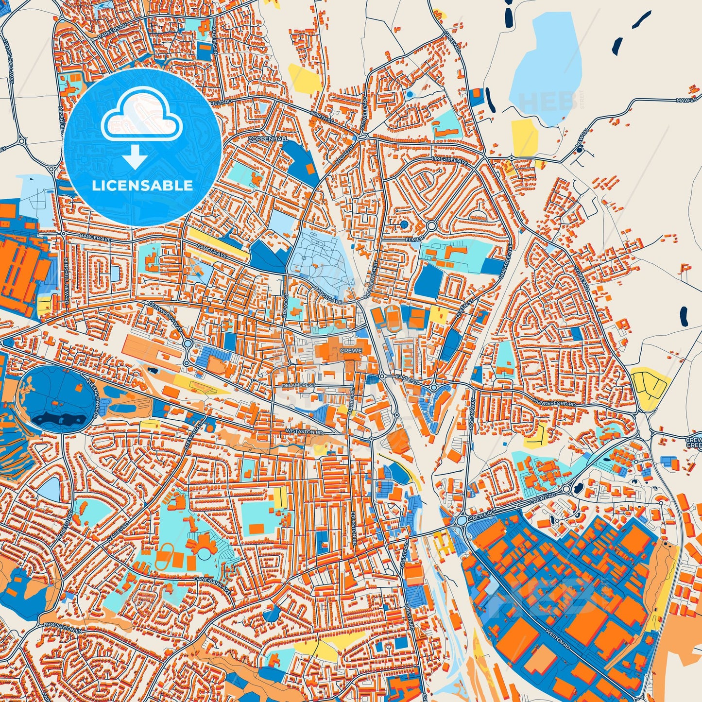 Colorful Crewe Street Map with Labels and Buildings