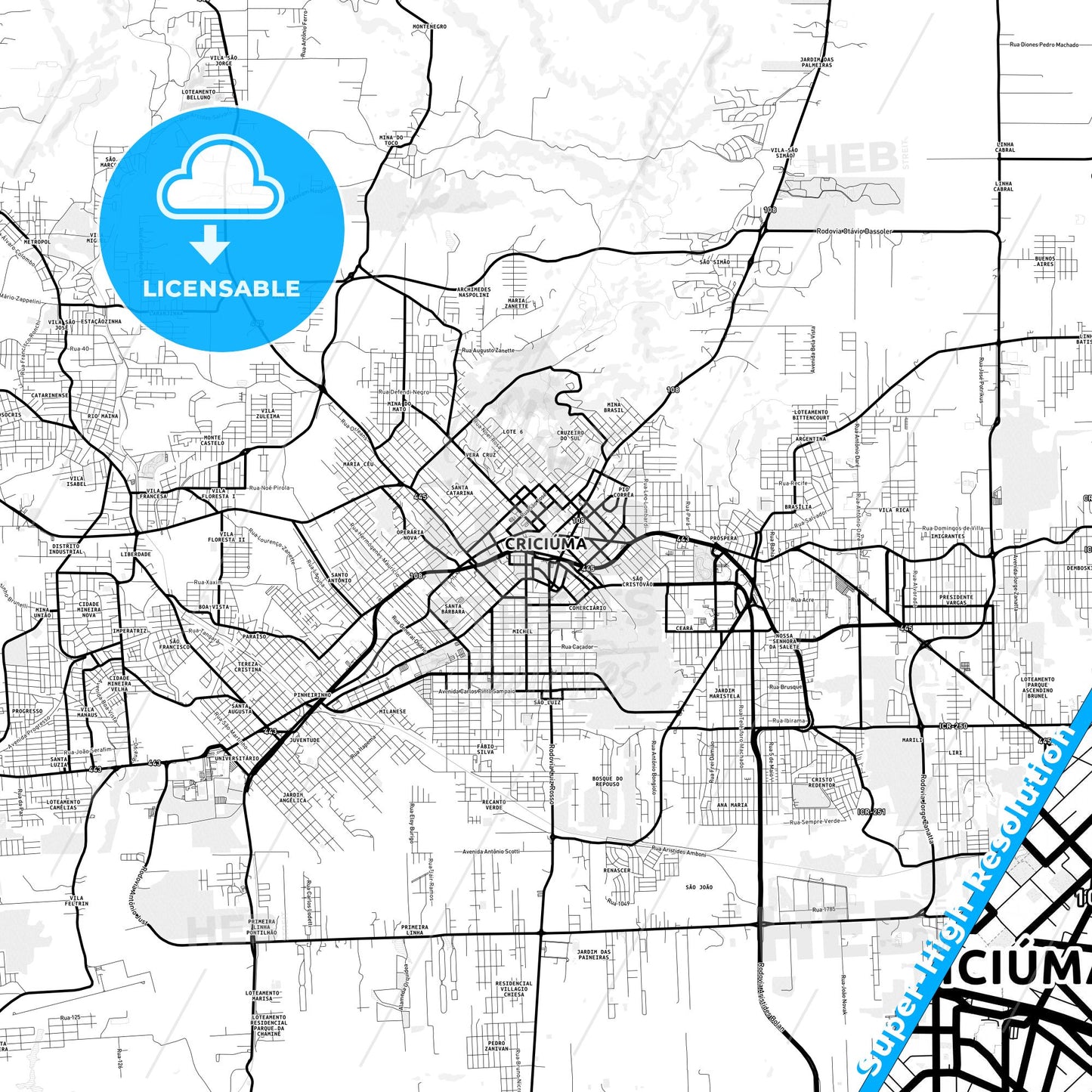 Criciuma, Brazil Light Map with Street Names, City Names, and Districts