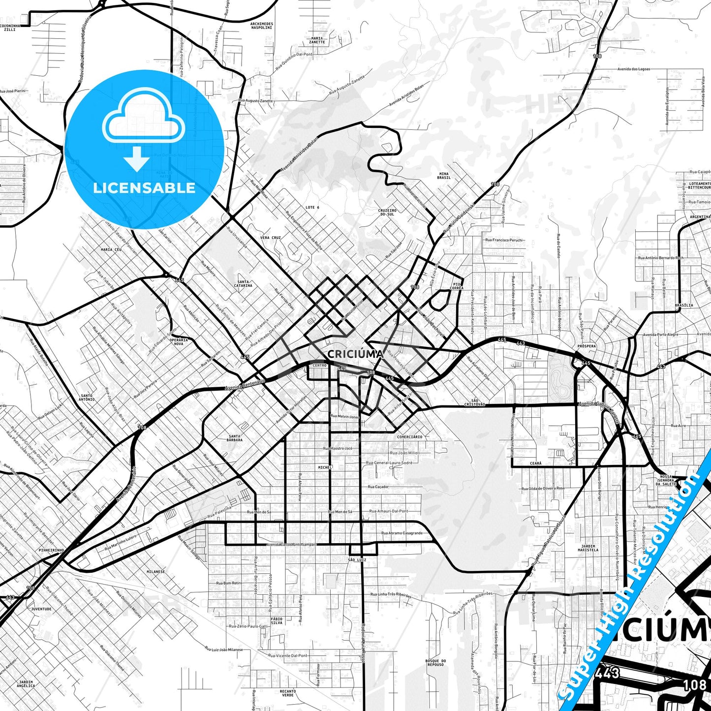 Criciuma, Brazil Light Map with Street Names, City Names, and Districts