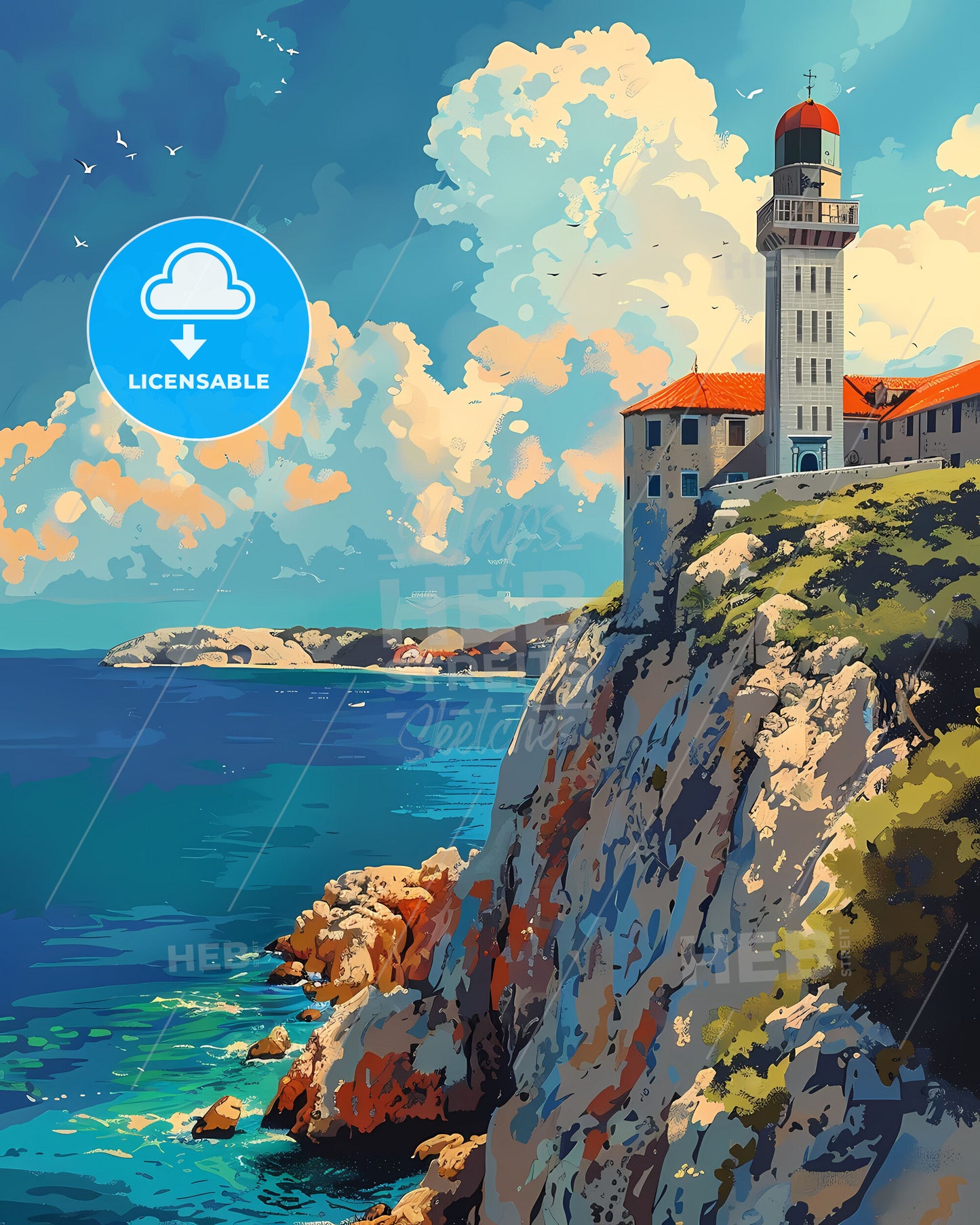 Croatia Landscape Art, Vibrant Ocean Cliff Painting, Europe Travel Photography