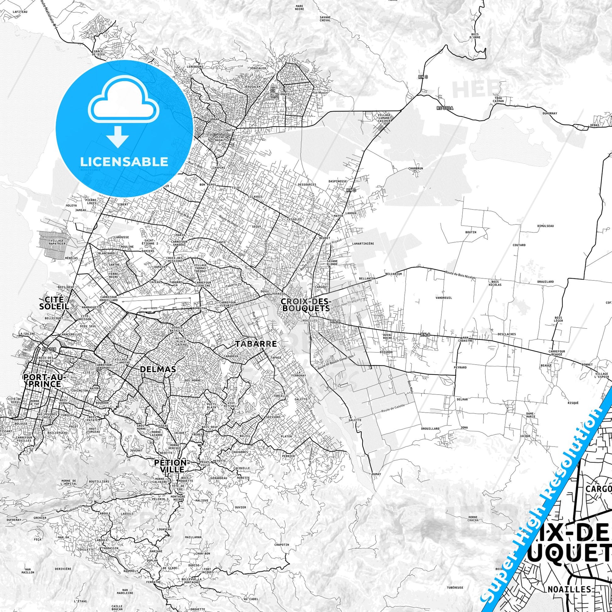 Croix-des-Bouquets, Haiti light map with streetnames, citynames and districts