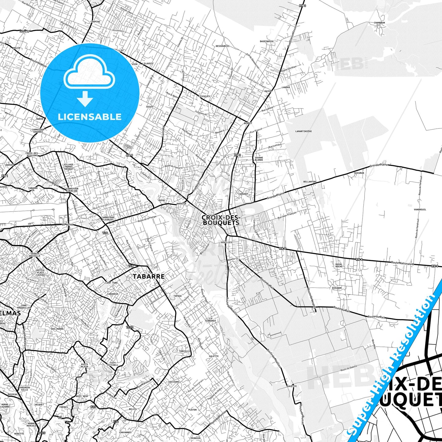 Croix-des-Bouquets, Haiti Light Map with Street Names, City Names, and Districts
