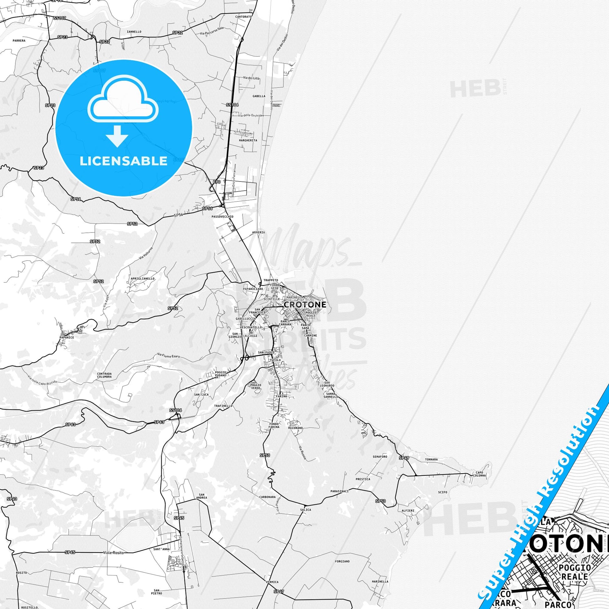 Crotone, Italy light map with streetnames, citynames and districts