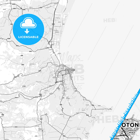 Crotone, Italy light map with streetnames, citynames and districts