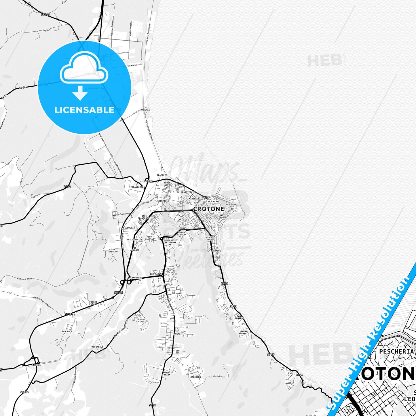 Crotone, Italy Light Map with Street Names, City Names, and Districts
