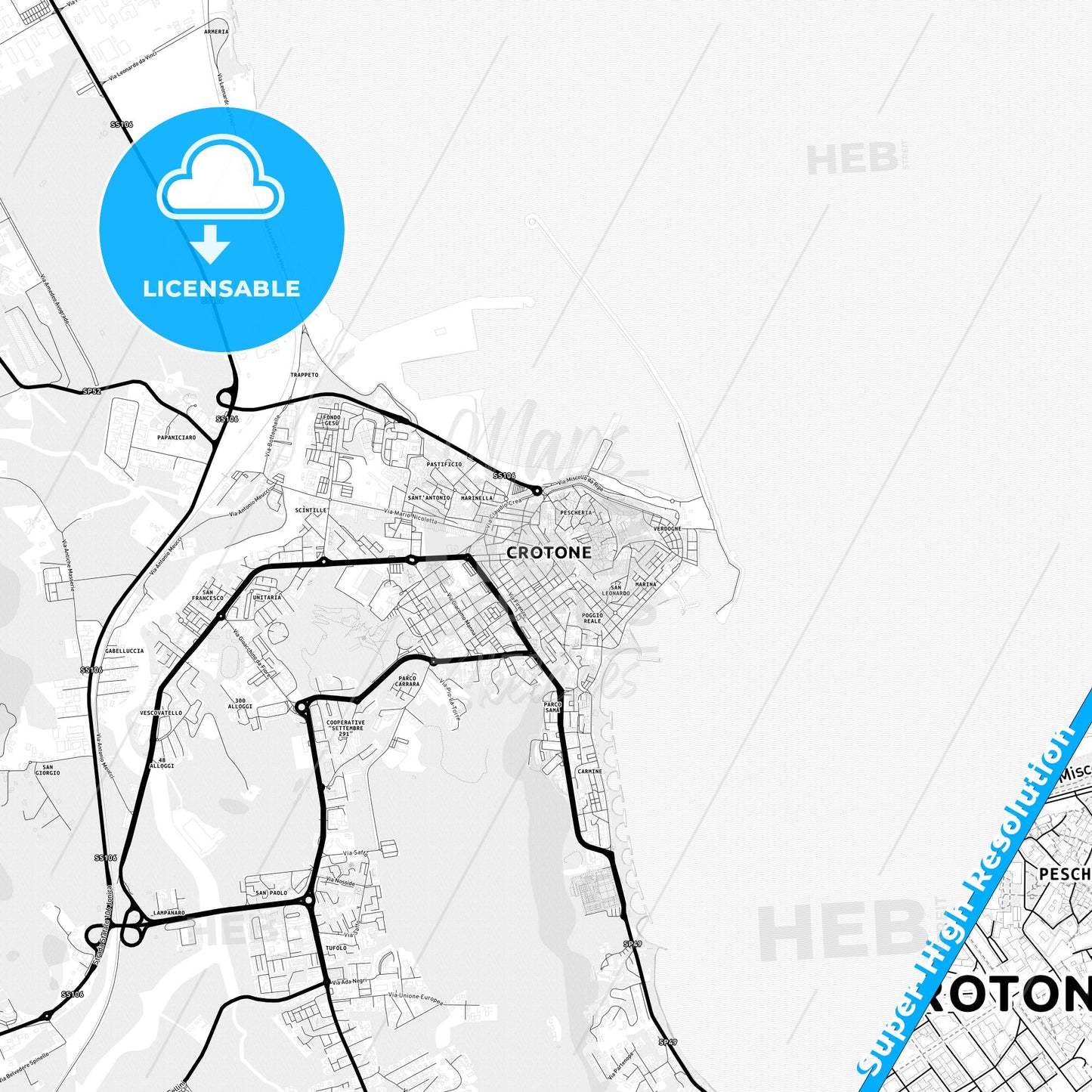 Crotone, Italy Light Map with Street Names, City Names, and Districts