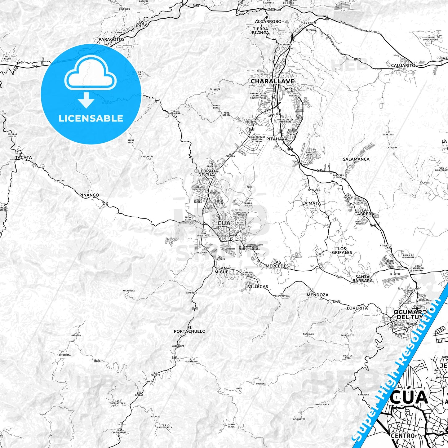 Cua, Venezuela light map with streetnames, citynames and districts