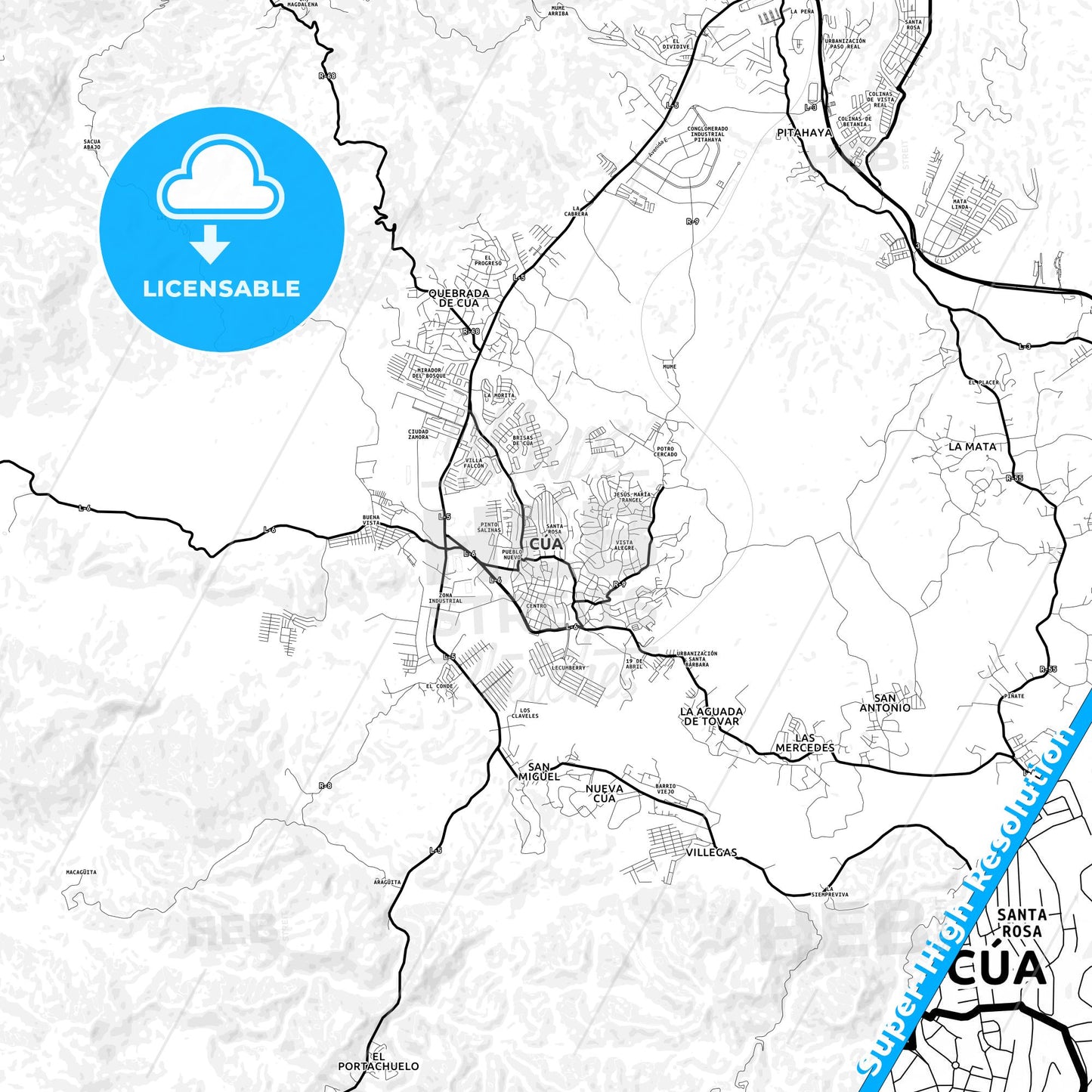 Cua, Venezuela Light Map with Street Names, City Names, and Districts