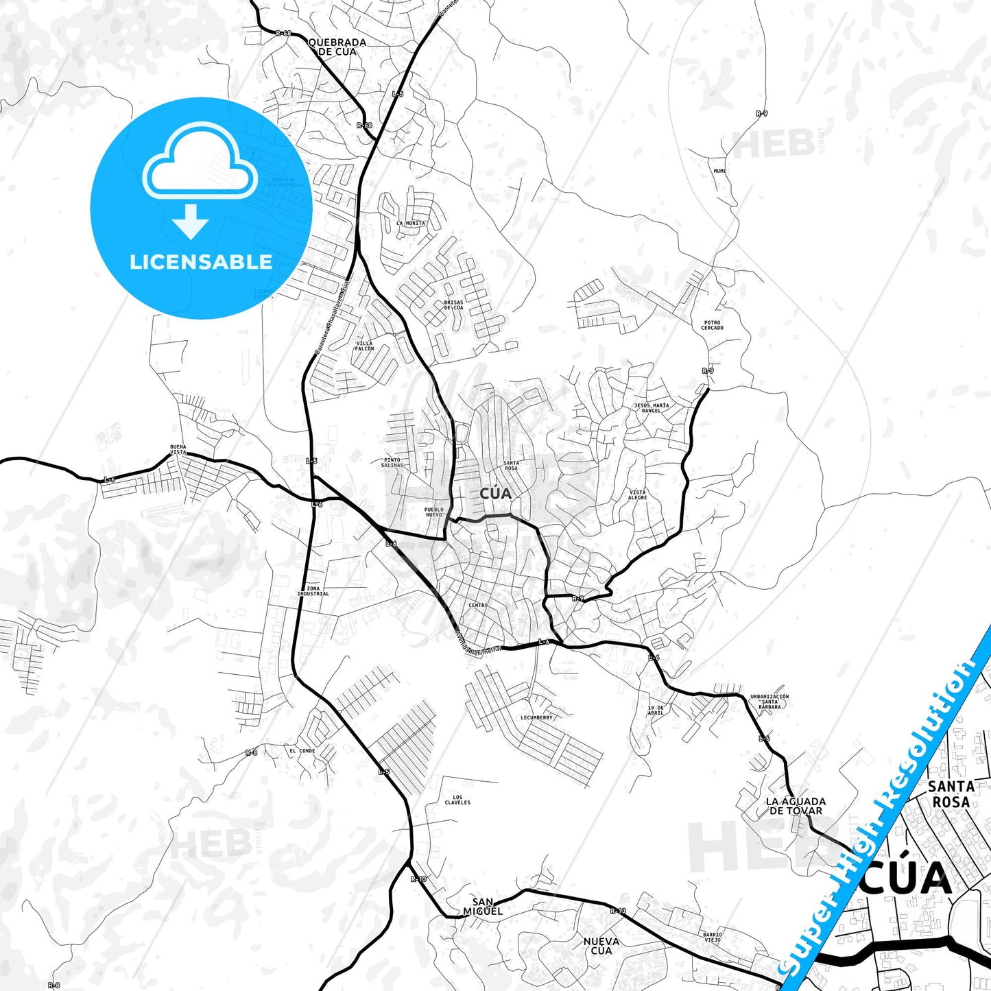 Cua, Venezuela Light Map with Street Names, City Names, and Districts