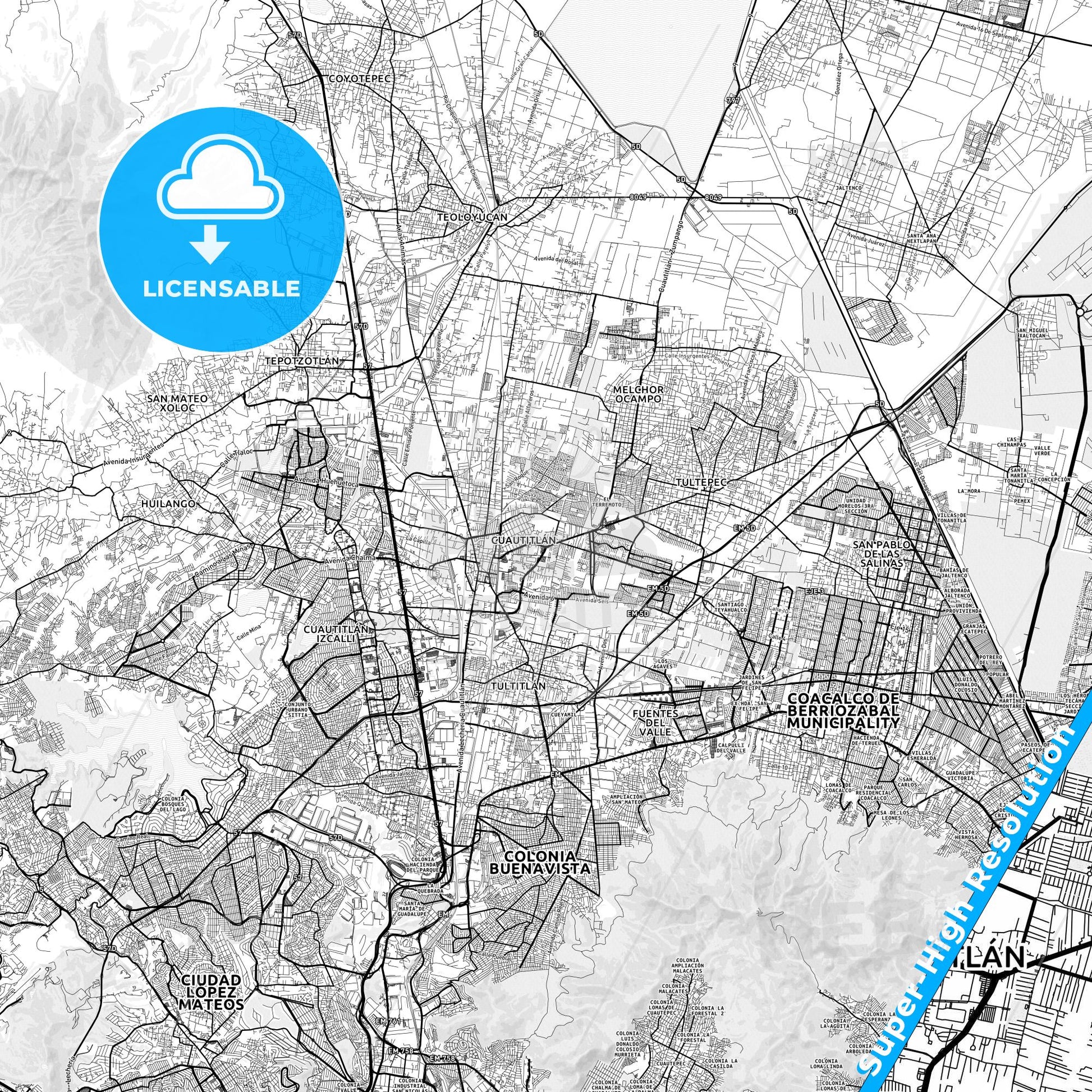 Cuautitlán, Mexico light map with streetnames, citynames and districts