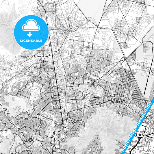 Cuautitlán, Mexico light map with streetnames, citynames and districts